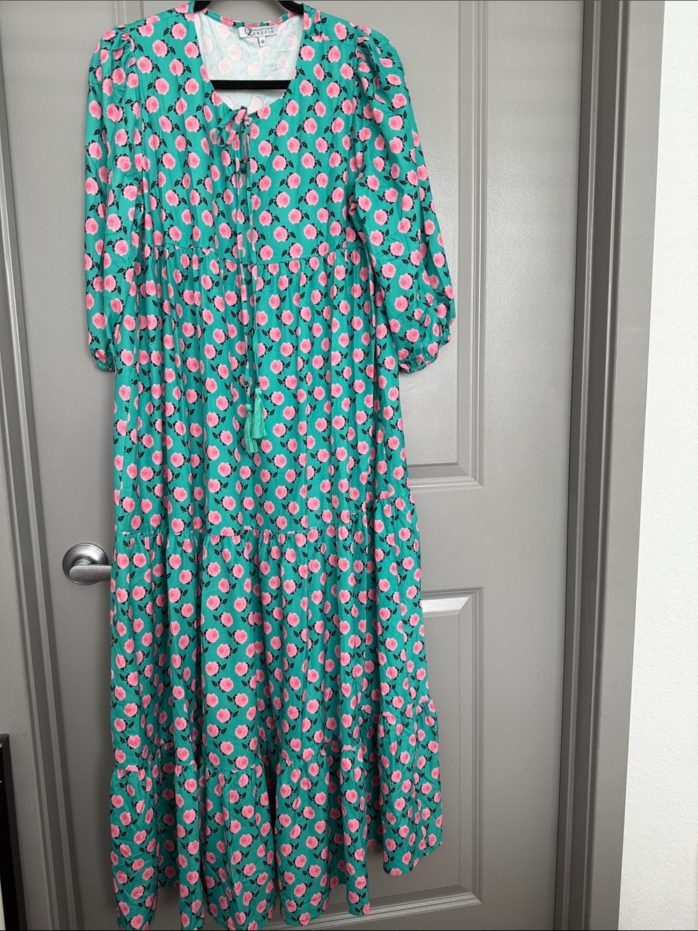 Women's Maxi Dress in Teal with Pink Floral Print